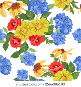 Seamless vector illustration with marigolds, poppies and hydrangea on a white background. For decorating textiles, packaging, paper.