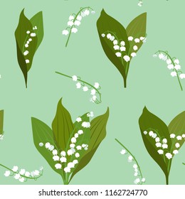 Seamless vector illustration with may lily of the valley on a green background. For decoration of textiles, packaging and web design.