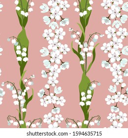 Seamless vector illustration with may lily of the valley, blossom cherry and on a pink background. For decoration of textiles, packaging and web design.