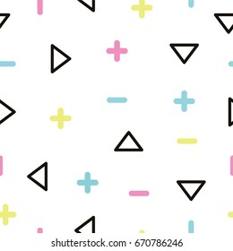 Seamless vector illustration in memphis, retro styles. A bright image with simple geometric elements. Use it to create posters, postcards, banners, covers, wallpapers, design interest.