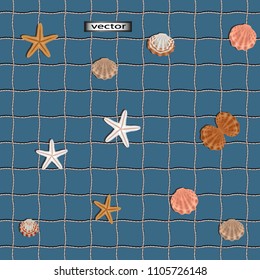 
Seamless vector illustration of Mesh for catching fish on a blue background decorated with starfish and seashells, nautical theme for the decoration of walls fabrics interior decoration fishermen net