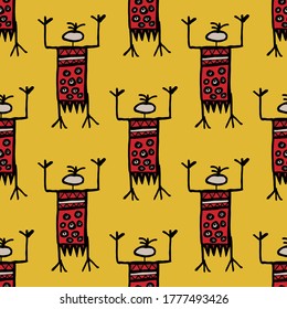 Nahtlose Vektorgrafik von Motif tanzenden Stammesvölkern doodle auf pastellgelbem Tonhintergrund für die Herstellung von vielen Arten von Druck- oder Textilgrafiken in Aborigine, Maya, Inca, afrikanischer trendiger Stil