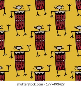 Seamless vector illustration of motif dancing tribal people doodle on pastel yellow tone background for making many kinds of printing or textile graphic in Aboriginal, Maya, Inca, African trendy style