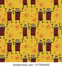 Seamless vector illustration of motif dancing tribal people doodle on pastel yellow tone background for making many kinds of printing or textile graphic in Aboriginal, Maya, Inca, African trendy style