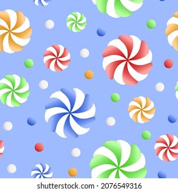 Seamless vector illustration of multicolored lollipops on a gentle blue background. Christmas sweets pattern.