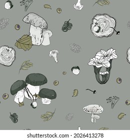 Seamless vector illustration of mushrooms, berries, trees on a colored background. Pattern autumn blank for designer, textiles, clothing, bedding, agriculture