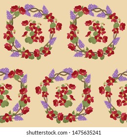 Seamless vector illustration of nasturtium flowers and lilac on a beige background For textile decoration, packaging, web design.