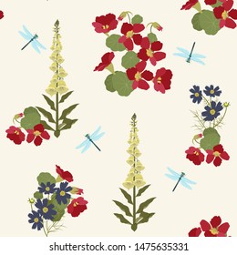 Seamless vector illustration of nasturtium flowers, digitalis and dragonflies on a beige background. For textile decoration, packaging, web design.
