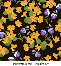 Seamless vector illustration of nasturtium flowers and pansy on a dark background. For textile decoration, packaging, web design.