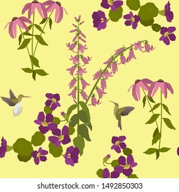 Seamless vector illustration of nasturtium flowers, campanula and birds. For textile decoration, packaging, web design.