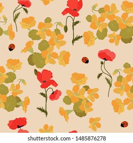 Seamless vector illustration of nasturtium , poppy and ladybug on a beige background. For textile decoration, packaging, web design.