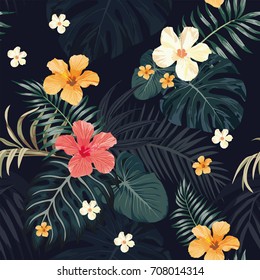 seamless vector illustration of a night jungle, tropical leaves, hibiscus flowers, tropical plant wallpaper, a dark background pattern