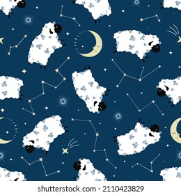 Seamless vector illustration of night sky with fluffy sheeps, constellations, stars on dark blue background.