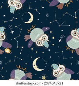 Seamless vector illustration of night sky with owls, constellations, stars on dark blue background.