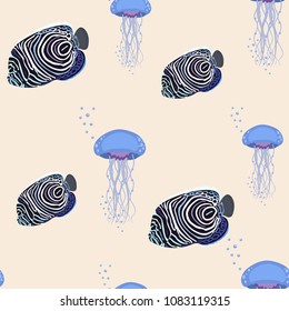 Seamless vector illustration of an ocean with tropical fish and jellyfish. For decorating textiles, packaging and web design.