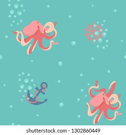 Seamless vector illustration with octopuses on the turquoise background. For decorating textiles, packaging, web design.