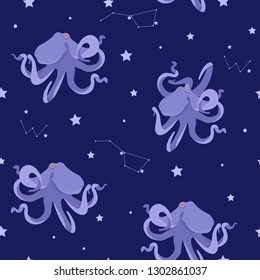 Seamless vector illustration with octopuses on the dark background. For decorating textiles, packaging, web design.