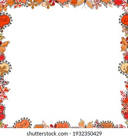 Seamless. Vector illustration. Illustration in orange, white and black colors. Doodles elements hand drawn frames.