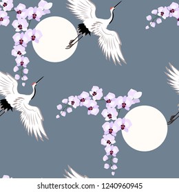 Ilustración vectorial transparente con orquídeas y grúas de pájaros sobre un fondo oscuro. Para la decoración de textiles, embalajes, papel pintado.