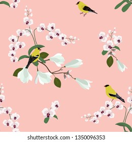 seamless vector illustration with orchids, magnolia and birds on a pink background. For decorating textiles, packaging, web design.