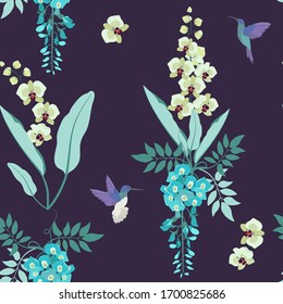 Seamless vector illustration with orchids, wisteria and hummingbirds on dark background. For decorating textiles, packaging, web design.