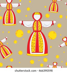 Seamless vector illustration of pancake. Scarecrow. Congratulations to the Pancake week.
Pancake wallpaper with abstract pattern and girl. Cloth design, wallpaper, wrapping.