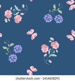 Seamless vector illustration with pansies, agapanthus and butterfly on a dark blue background. For decorating textiles, packaging, web design.