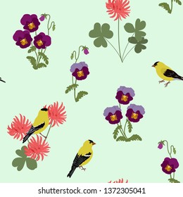 Seamless vector illustration with pansies and birds. For decorating textiles, packaging, web design.