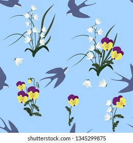 Seamless vector illustration with pansies, campanulas and swallows on a blue background. For decorating textiles, packaging, web design.