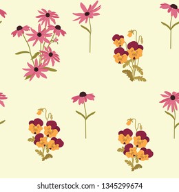 Seamless vector illustration with pansies and chamomile on a yellow background. For decorating textiles, packaging, web design.