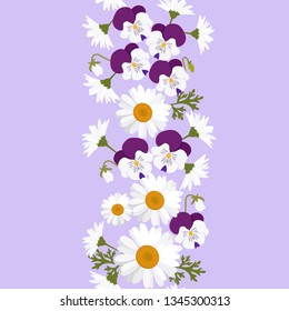 Seamless vector illustration with pansies and chamomile on a lilac background. For decorating textiles, packaging, web design. Vertical.