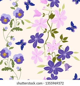 Seamless vector illustration with pansies, clematis and butterflies on a beige background. For decorating textiles, packaging, web design.