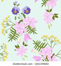 Seamless vector illustration with pansies, clematis and yarrow. For decorating textiles, packaging, web design.