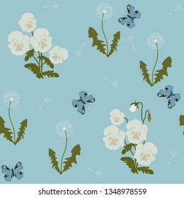 Seamless vector illustration with pansies, dandelion and butterfly on a blue background. For decorating textiles, packaging, web design.