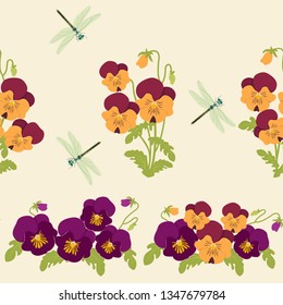 Seamless vector illustration with pansies and dragonflies. For decorating textiles, packaging, web design.