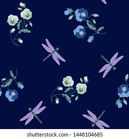 Seamless vector illustration with pansies and dragonflies on a dark blue background. For decoration of textiles, packaging, web design.