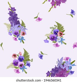 Seamless vector illustration with pansies and gladiolus on light background. For decorating textiles, packaging, wallpaper.