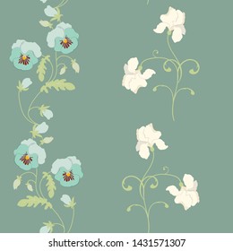 Seamless vector illustration with pansies and iris on a green background. For decoration of textiles, packaging, web design.