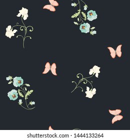 Seamless vector illustration with pansies, iris and butterflies on a black background. For decoration of textiles, packaging, web design.