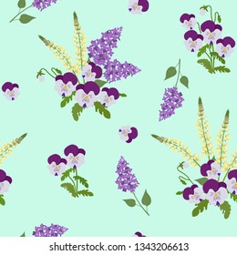 Seamless vector illustration with pansies, lupines and lilac. For decorating textiles, packaging, web design.