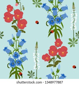 Seamless vector illustration with pansies, lupines, campanula and ladybirds. For decorating textiles, packaging, web design.