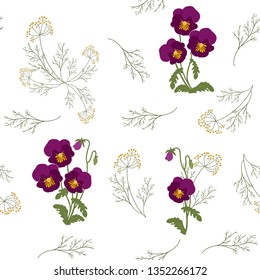 Seamless vector illustration with pansies on a white background. For decorating textiles, packaging, web design.