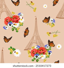 Seamless vector illustration with pansies, poppies, Eiffel tower and butterflies on a beige background. For decorating textiles, packaging, web design.