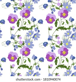 Seamless vector illustration with pansies and sweet pea on a white background. For decorating textiles, packaging, wallpaper.