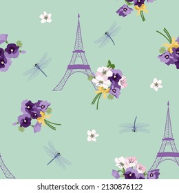 Seamless vector illustration with pansies,cherry flowers, eiffel tower and dragonflies. For decorating textiles, packaging, web design.