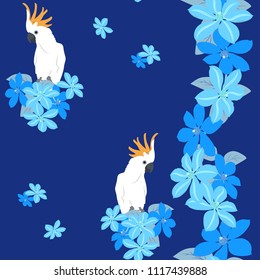 Seamless vector illustration with parrots and flowers clematis on dark blue background. For decoration of textiles, packaging and web design.