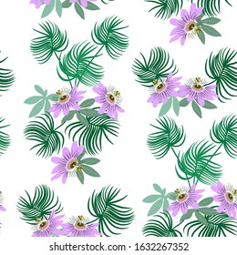 Seamless vector illustration with passiflora flowers and tropical leaves on a white background. For decorating textiles, packaging, wallpaper.