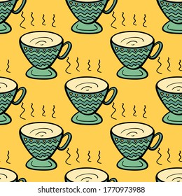 Seamless vector illustration of pastel tribal style Motif art coffee cups on yellow background for making many kinds of printing or textile graphic related Aboriginal, Maya, Inca, African trendy style