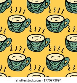 Seamless vector illustration of pastel tribal style Motif art coffee cups on yellow background for making many kinds of printing or textile graphic related Aboriginal, Maya, Inca, African trendy style