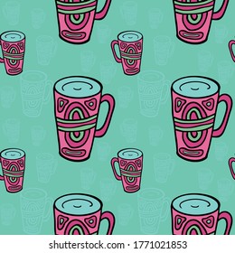 Seamless vector illustration of pastel tribal style Motif art coffee cups on pastel background for making many kinds of printing or textile graphic related Aboriginal, Maya, Inca, African trendy style